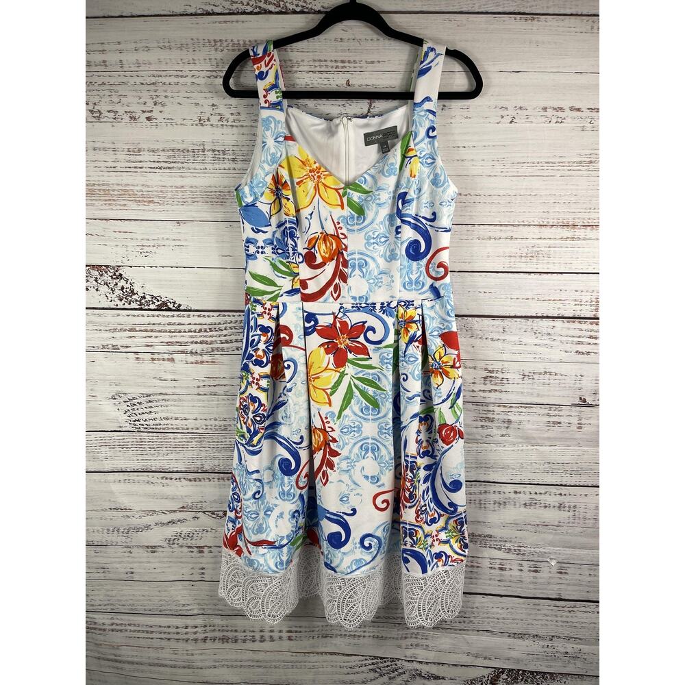 Donna Ricco Dress Women's 14 Floral Sleeveless Fit Flare Lace Hem Pockets